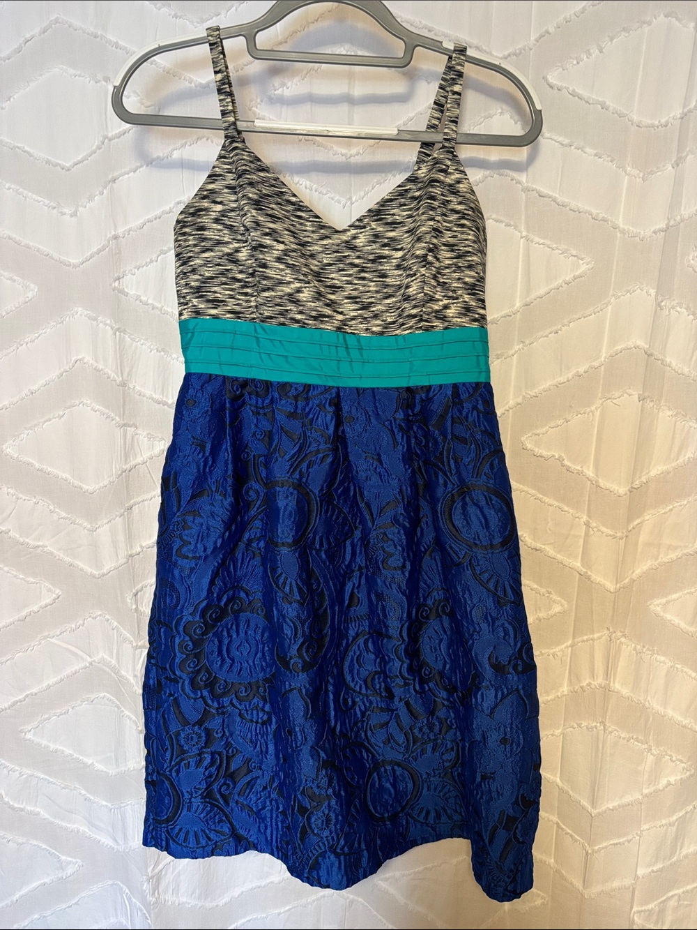 Moulinette Soeurs Blue Lace Skater Dress with Teal Band and Heathered Bodice